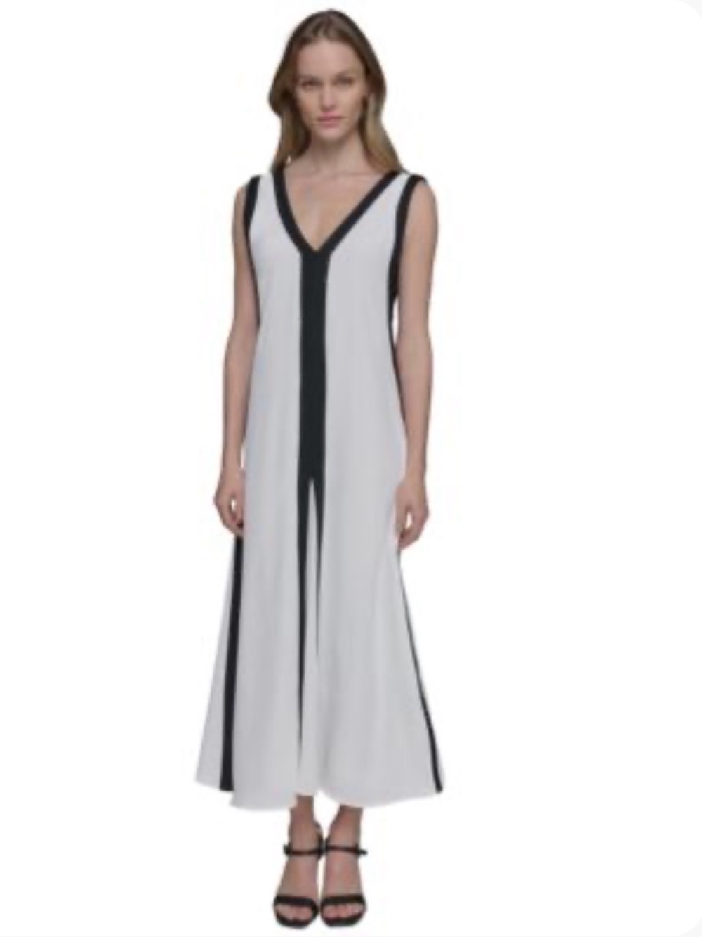 NWT Karl Lagerfeld Sleeveless V-Neck Maxi Dress White w/Black Trim Retail $159
